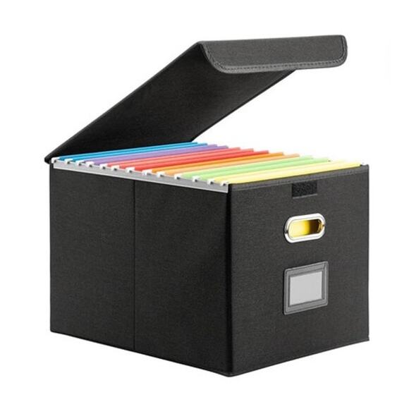 File Box Storage Hanging Organizer With Pocket Faux Leather Folder Lid New - Picture 1 of 8